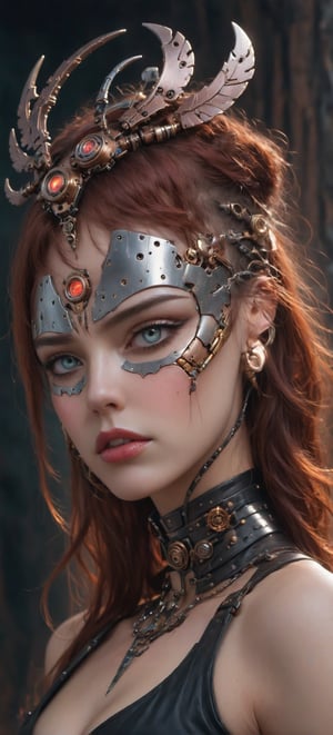 A portrait that combines cyborg steampunk elements and warrior with a touch of magic.