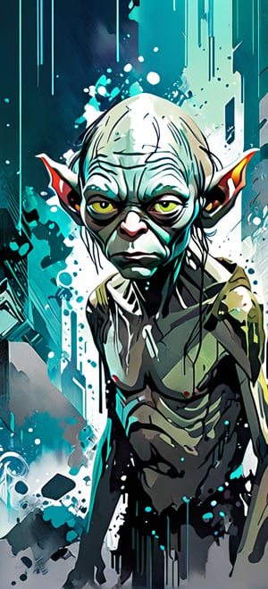 Gollum, urban Comics, grey ornaments, Marvel, sci fi, highly technology, iconographic, glitch background, , watercolor, ink, mist, interactive image, highly detailed, art style by Clayton Crain + Ross Tran + Rachel Walpole + Jeszika Le Vye + Dan Volbert + Simon Stalenhag + Brian Stelfreeze