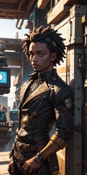 1man, solo, african, afro hair cut, Miles Morales, An adventurous black male in a steampunk-style outfit,Realistic, (masterpiece 1.2), (ultra Max high quality 1.2), (high_resolution 4k), (high detailed face), high-res CG textures., An adventurous black male in a steampunk-style outfit, engineer, with a clockwork steampunk baby dragon , Detailedface,marika,defTifa,Detailedface,Kafka(hsr),hmmikasa