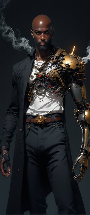 solo, shirt, 1boy, holding, white shirt, weapon, african, african, male, black male, BBM, male focus, pants,  facial hair, black pants, smoke, science fiction, bald, mechanical arms, cyborg, prosthesis, steampunk