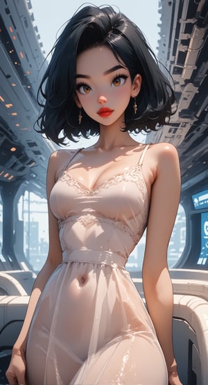 score_9, score_8_up, score_7_up,source_anime, 1girl, hazelnut eyes gleam with determination, stunning white low cute dress, see-through, showcasing her perfect face, black hair. The dress's off-one-shoulder and cleavage accentuate her medium-sized breasts. A bold eyeliner and red lips complete her iconic look, depth_of_field, standing in front of a spaceship.