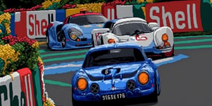 (Pixel-Art Adventure featuring a sportcar: Pixelated blue Alpine A110, Le Mans 24H, number #51), style,pixel art,pixel