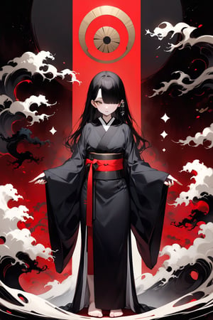 score_9,score_8_up, masterpiece, in the style of a hanafuda deck, young anime yurei girl, 25yo, hazel eyes, black on white smoke layer, long straight black hair over eyes obscuring one eye, long black hair, wearing a see-through kimono, Hair over eyes, pale skin, bare feet, fight stance in a dark forest, (dark + gothic, + foreboding background:1.4), more detail XL,dark aura,Anime Style,k1m0n0, Japanese Hanafuda background. upper body, luxurious japanese room, ((masterpiece: 2)), stunning image, ink art,Japanese pattern, FuturEvoLabKimono