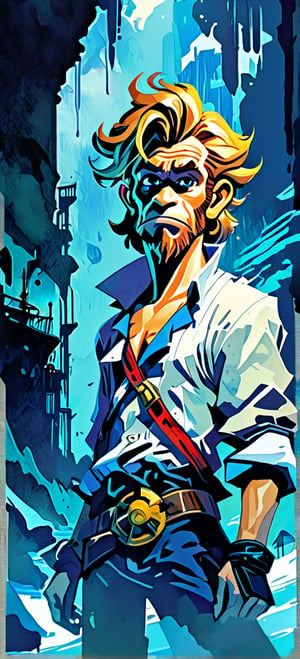 Guybrush Threepwood, Monkey Island, urban Comics, blue ornaments, Marvel, sci fi, highly technology, iconographic, glitch background, , watercolor, ink, mist, interactive image, highly detailed, art style by Clayton Crain + Ross Tran + Rachel Walpole + Jeszika Le Vye + Dan Volbert + Simon Stalenhag + Brian Stelfreeze