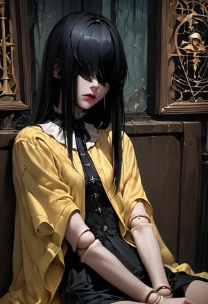 score_9, score_8_up, score_7_up, score_6_up, (absurdres, best quality, masterpiece:1.4), very high resolution, very detailed clothings, very intricate and realistic details, dramatic, sad and pity scene, rating_safe,
1girl, doll, slim body, porcelain skin, long black hair, black gothic dress, doll joints, wearing a yellow raincoat,  empty look and mind, no soul face, sitting sadly, (in a dark forest), 
Motion lines, emphasism lines, sound effect, 
out-of-attention:2, lost-in-thoughts,