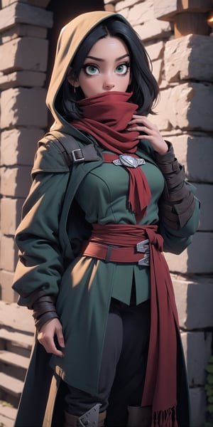 A beautiful woman, medium hair,medium breasts, (large breasts quality), dark green eyes, (black hair), ((red scarf hiding her mouth and nose)), perfect hands, (detailed face, detailed skin texture, area lighting, HD, 8k, best illumination, ((full_body)), assassin's creed, hood, trench coat, (medieval backgound), viking, Dark_Mediaval