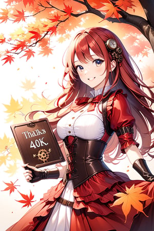 Very beautiful girl holding a board with text "Thanks for 40K likes!" text, (steampunk style outfit, corset, warrior), gentle breeze, japanese maple tree leaves, red leaves Maple tree, autumn_leaves, momiji, sparkling illustration, detailed, realistic, UHD, beautiful detailed eyes, beautiful detailed, Warmly smile.,Text,Ink art