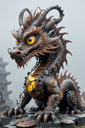 A chinese dragon ,made from gears rusted metal, and glowing parts. The chinese dragon's body is an intricate assembly of interlocking gears and corroded metal plates, giving it a rugged, industrial appearance. Its eyes and certain joints feature glowing, luminescent elements that pulse with an eerie light. The background is a dark, misty landscape with hints of ancient ruins, enhancing the mythical and mechanical nature of this fantastical creature,adding to the steampunk atmosphere.",Mechanical