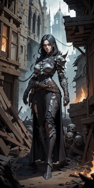 Imagine a solemn and resolute Witch Hunter, Her studded leather armor is worn but well-maintained, decorated with sacred symbols of the god Sigmar, talismans and faith relics. She holds a long, rune-engraved sword in one hand and a three-chained flail in the other. Hanging from her belt are scrolls and vials containing mysterious substances, standing at the heart of the devastated city of Mordheim. Around her, sinister ruins and menacing shadows create a grim atmosphere. Her eyes scan the darkness with determination, a torch burning dimly in her hand, partially illuminating her face marked by battle and resolve. Battle scars are visible on her armor, evidence of the relentless dangers of this accursed place. The wind blows, gently causing the black feathers adorning her austere helm to sway, adding a touch of mystery to her imposing figure in this chaotic and corrupted environment, perfect hands, (detailed face, detailed skin texture, area lighting, HD, 8k, best illumination, ((full_body)), (medieval backgound), Dark_Mediaval,oil painting