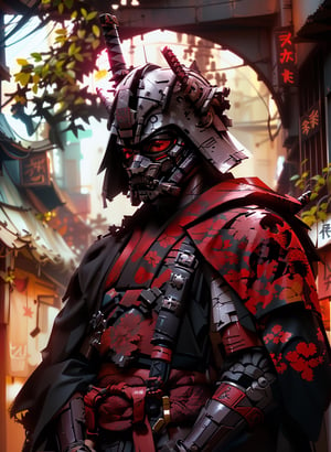 (8k uhd, masterpiece, best quality, high quality, absurdres, ultra-detailed, detailed background), (full body:1.4), (a Japanese Darth Vader samurai), (beautiful, aesthetic, perfect, delicate, intricate:1.2), (Darth Vader color scheme: black and white, black print robe), (size and shape of great sword: Daishō, massive and double-edged), (type of armor: samurai style helmet, black eyes, bone and leather), (environment: ancient Japan street, outside, cyberpunk, Cyberpunk), perspective: slightly low angle to emphasize the warrior's power, lighting: dramatic, with a spotlight illuminating the warrior's face and sword, stormtroopers, (depth of field: shallow, with the warrior in sharp focus and the fiery background slightly blurred)