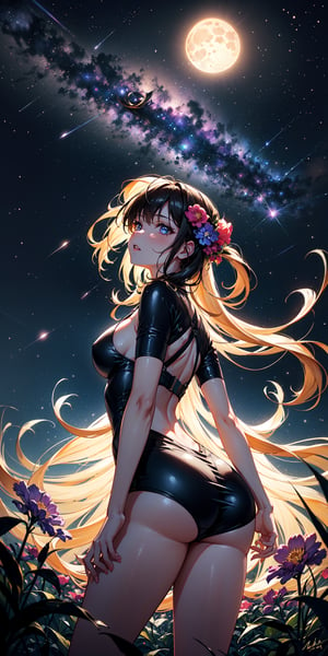 (bottom view), cyberpunk girl standing in a flower field looking up (full moon), (shooting stars), (nebula), peonie, (warm light source:), (Firefly), intricate details, volumetric lighting, (masterpiece), (best quality), 4k, ultra-detailed, (dynamic composition), highly detailed, colorful details, (rainbow colors), (glowing lighting, atmospheric lighting), dreamy, magical,