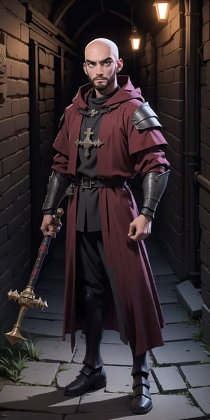 A warrior priest, 25 years old, bald, with a red monk robe, plate armor chest and arm armor, grey eyes, brandishing a war hammer in his right hand, red hair beard, perfect hands, dark alley, Dark_Mediaval, (detailed face, detailed skin texture, area lighting, HD, 8k, best illumination, ((full_body)), hood, trench coat, (medieval backgound), 
