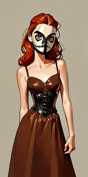 score_9, score_8_up, score_7_up, female_solo, hazel eyes, red hair, slender hot body proportion, looking at viewer, brown dress,corset, leather plague doctor mask