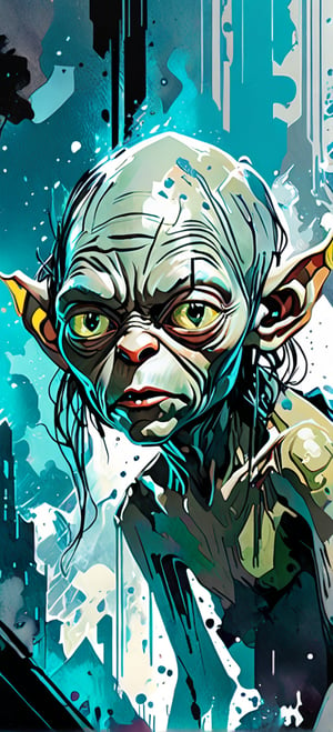 Gollum, urban Comics, grey ornaments, Marvel, sci fi, highly technology, iconographic, glitch background, , watercolor, ink, mist, interactive image, highly detailed, art style by Clayton Crain + Ross Tran + Rachel Walpole + Jeszika Le Vye + Dan Volbert + Simon Stalenhag + Brian Stelfreeze