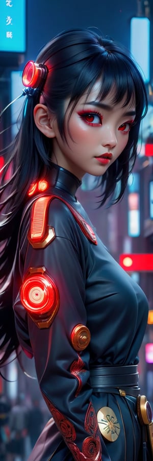 A intricate close up portrait of a beautiful, neonpunk dystopian asian girl , dramatic glitter makeup, goggles futuristic lenses art by wlop, Ismail Inceoglu, bagshaw and artgerm, high rossdraws, guweiz and wlop and ilya kuvshinov, makoto shinkai, dynamic, rim light, intricate, sharpened, highest resolution, 8k, octane render, unreal engine, colorful, red and black silk, black lashes background, urban cyberpunk asian city, beautiful scene ,