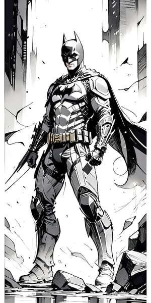solo,  batman, badass, from side, looking at viewer,  weathered armor suit, Gotham City, Tim Sale, dark background, ((monochrome)), gray scale, greyscale, ((Pencil sketch)), professional style, detailed image, ((masterpiece quality: 2)), attractive image. ,Details,Detailed Masterpiece,Reflections