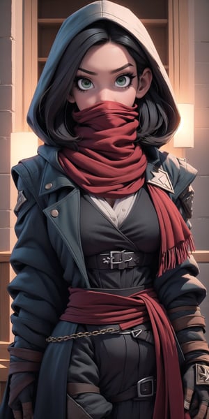 A beautiful woman, medium hair,medium breasts, (large breasts quality), dark green eyes, (black hair), ((red scarf hiding her mouth and nose)), perfect hands, (detailed face, detailed skin texture, area lighting, HD, 8k, best illumination, ((full_body)), assassin's creed, hood, trench coat, (medieval backgound), viking, Dark_Mediaval
