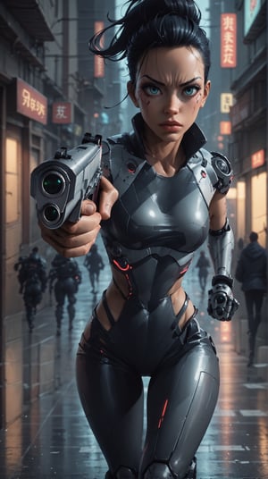 score_9_up score_8_up score_7_up, 1girl, cyborg gothic hybrid,android,cyborg style,  running, aiming at viewer, finger on trigger, handgun, depth_of_field, cyberpunk city, Japan,