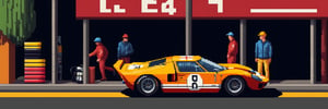 (Pixel-Art Adventure featuring a sportcar: Pixelated Ford GT40 1966 on a pit stop of 1966 Le Mans 24H), style,pixel art,pixel, 16bit