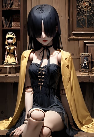 score_9, score_8_up, score_7_up, score_6_up, (absurdres, best quality, masterpiece:1.4), very high resolution, very detailed clothings, very intricate and realistic details, dramatic, sad and pity scene, rating_safe,
1girl, doll, slim body, porcelain skin, long black hair, black gothic dress, doll joints, wearing a yellow raincoat,  empty look and mind, no soul face, sitting sadly, dusty abandoned doll warehouse, afternoon, 
Motion lines, emphasism lines, sound effect, 
out-of-attention:2, lost-in-thoughts,