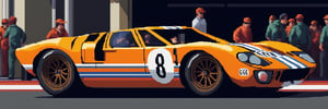 (Pixel-Art Adventure featuring a sportcar: Pixelated Ford GT40 1966 on a pit stop of 1966 Le Mans 24H), style,pixel art,pixel