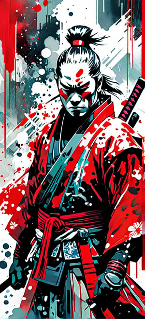 Samurai, urban Comics, Red and white ornaments, Marvel, sci fi, highly technology, iconographic, glitch background, , watercolor, ink, mist, interactive image, highly detailed, art style by Clayton Crain + Ross Tran + Rachel Walpole + Jeszika Le Vye + Dan Volbert + Simon Stalenhag + Brian Stelfreeze
