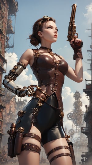 score_9_up score_8_up score_7_up, 1girl, cyborg steampunk hybrid, android, (mechanical arms, mechanical legs, cyborg, prosthesis),  medium black hair, hazel eyes, (holster,harness, two steampunk handguns), corset, pointed handguns,action, action_pose, viewed_from_side,low-angle_shot,  depth_of_field, detailled background, steampunk city, dystopian city, clear blue Sky, steampunk aircraft ,DonMSt34mPXL, steampunk