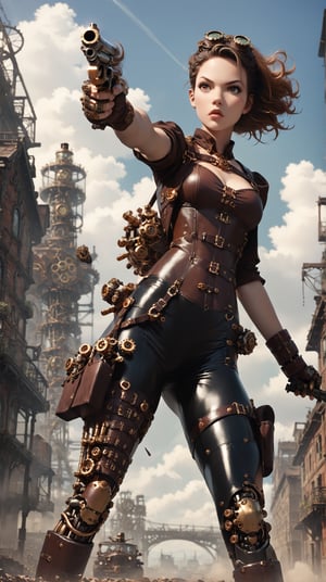 score_9_up score_8_up score_7_up, 1girl, cyborg steampunk hybrid, android, (mechanical arms, mechanical legs, cyborg, prosthesis),  medium black hair, hazel eyes, (holster,harness, two steampunk handguns), corset, pointed handguns,action, action_pose, viewed_from_side,low-angle_shot,  depth_of_field, detailled background, steampunk city, dystopian city, clear blue Sky, steampunk aircraft ,DonMSt34mPXL, steampunk