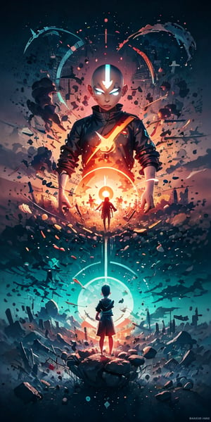 Aang, blue arrow tatoo, The Last Air Bender, dark orange jacket, tight suit, kamui relm of the Itachi,and the anime series ace, Fantastic Surrealism, red moon, Fantasy Landscapes, Art, Surrealism,, Biomechanical Sculpture, Turned to the Camera, red Background, 3D Vector Art, , Detailedface, Detailedeyes, 1 boy,avatar