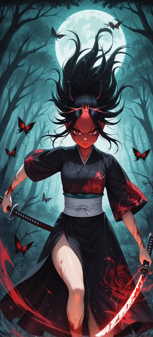 (ethereal dark fairy tale by Nicola Samori, JC Leyendecker), young anime girl fight stance in a dark forest holding sheath of a bloody katana, dark red kimono, chrysanthemum floral décoration, (dark + gothic, + foreboding background:1.4), more detail XL,Oni, Demon,Red Mask