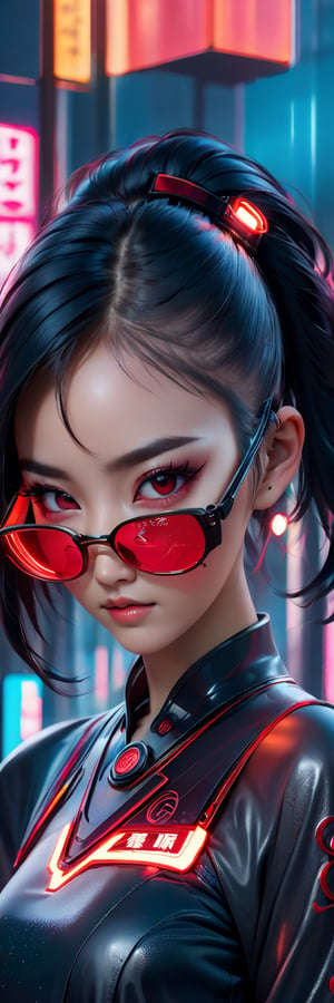 A intricate close up portrait of a beautiful, neonpunk dystopian asian girl , close up, dramatic glitter makeup, goggles futuristic lenses art by wlop, Ismail Inceoglu, bagshaw and artgerm, high rossdraws, guweiz and wlop and ilya kuvshinov, makoto shinkai, dynamic, rim light, intricate, sharpened, highest resolution, 8k, octane render, unreal engine, colorful, red and black silk, black lashes background, urban cyberpunk asian city, beautiful scene ,