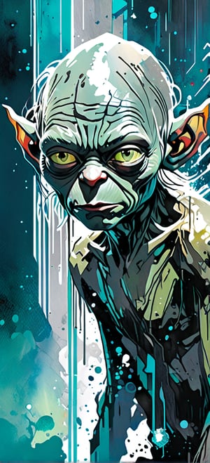 Gollum, urban Comics, grey ornaments, Marvel, sci fi, highly technology, iconographic, glitch background, , watercolor, ink, mist, interactive image, highly detailed, art style by Clayton Crain + Ross Tran + Rachel Walpole + Jeszika Le Vye + Dan Volbert + Simon Stalenhag + Brian Stelfreeze