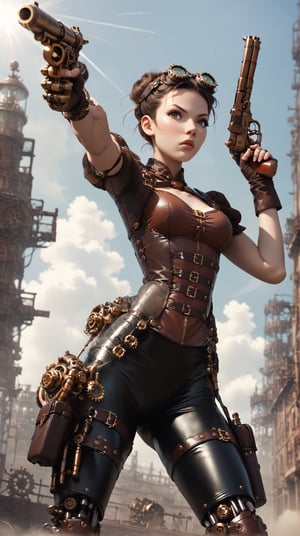 score_9_up score_8_up score_7_up, 1girl, cyborg steampunk hybrid, android, (mechanical arms, mechanical legs, cyborg, prosthesis),  medium black hair, hazel eyes, (holster,harness, two steampunk handguns), corset, pointed handguns,action, action_pose, viewed_from_side,low-angle_shot,  depth_of_field, detailled background, steampunk city, dystopian city, clear blue Sky, steampunk aircraft ,DonMSt34mPXL, steampunk