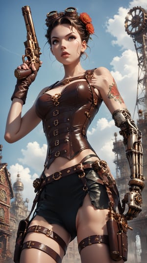 score_9_up score_8_up score_7_up, 1girl, cyborg steampunk hybrid, android, (mechanical arms, mechanical legs, cyborg, prosthesis),  medium black hair, hazel eyes, (holster,harness, two steampunk handguns), corset, pointed handguns,action, action_pose, viewed_from_side,low-angle_shot,  depth_of_field, detailled background, steampunk city, dystopian city, clear blue Sky, steampunk aircraft ,DonMSt34mPXL, steampunk