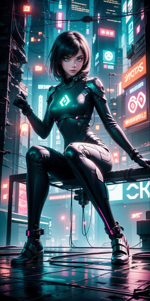 a lone female hacker, medium black hair, green eyes, sits perched on a rooftop. Her fingers dance across a holographic interface, her expression a mix of defiance and exhilaration. Gazing out at a cityscape bathed in the neon glow of holographic advertisements, she cracks into the city's intricate digital infrastructure. In the shadows, she fights for freedom and justice in a world increasingly controlled by technology.