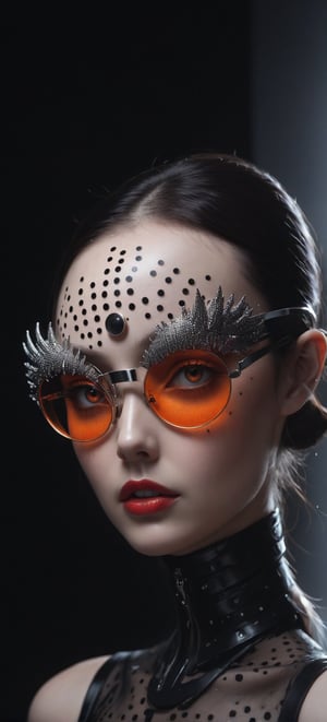 a woman wears and wears black dots on her head, in the style of futuristic fantasy, 3d, metallic sculpture, elegant, emotive faces, dark Orange and red and light silver,her eyes wearin a futuristic sun glasses algorithmic artistry, high resolution