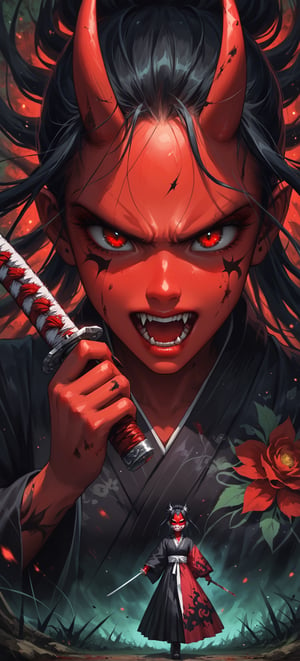 (ethereal dark fairy tale by Tim Sale), young anime girl fight stance in a dark forest holding sheath of a bloody katana, dark red kimono, chrysanthemum, Momiji floral décoration, (dark + gothic, + foreboding background:1.4), more detail XL,Oni, Demon,Red Mask