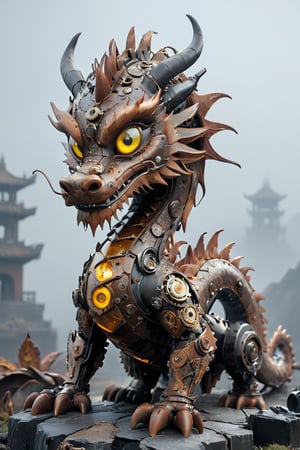 A chinese dragon ,made from gears rusted metal, and glowing parts. The chinese dragon's body is an intricate assembly of interlocking gears and corroded metal plates, giving it a rugged, industrial appearance. Its eyes and certain joints feature glowing, luminescent elements that pulse with an eerie light. The background is a dark, misty landscape with hints of ancient ruins, enhancing the mythical and mechanical nature of this fantastical creature,adding to the steampunk atmosphere.",Mechanical