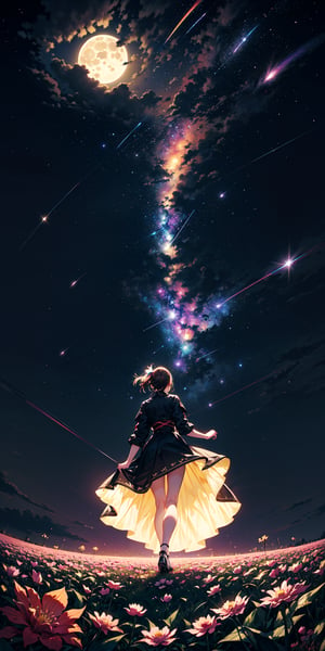 (bottom view), cyberpunk girl standing in a flower field looking up (full moon), (shooting stars), (nebula), peonie, (warm light source:), (Firefly), intricate details, volumetric lighting, (masterpiece), (best quality), 4k, ultra-detailed, (dynamic composition), highly detailed, colorful details, (rainbow colors), (glowing lighting, atmospheric lighting), dreamy, magical,