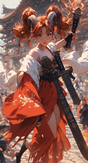 score_9, score_8_up, score_7_up,source_anime,1girl,solo,full body, auburn hair, medium hair, ear piercing, hazel eyes, kimono,  obijime, tabi, wide sleeves, bare shoulder, white demon horns, twintails,fox ears fight stance, holding_sword, huge_sword,  depth_of_field, Miyajima, Japanese temple, Japan,