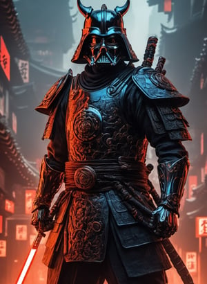 (8k uhd, masterpiece, best quality, high quality, absurdres, ultra-detailed, detailed background), (full body:1.4), (a Japanese Darth Vader samurai with great sword, walking across a bunch of Japanese stormtroopers samurai), (beautiful, aesthetic, perfect, delicate, intricate:1.2), (color scheme: black), (size and shape of great sword: Daishō, massive and double-edged), (type of armor: oni style helmet, black eyes, bone and leather), (environment: ancient Japan street, outside, cyberpunk, Cyberpunk,), perspective: slightly low angle to emphasize the warrior's power, lighting: dramatic, with a spotlight illuminating the warrior's face and sword, (depth of field: shallow, with the warrior in sharp focus and the fiery background slightly blurred), cyborg style,Shunkaha, Movie Still, cyborg,steampunk style,