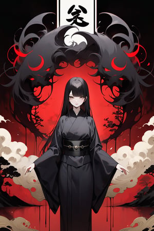 score_9,score_8_up, masterpiece, in the style of a hanafuda deck, young anime yurei girl, 25yo, hazel eyes, black on white smoke layer, long straight black hair over eyes obscuring one eye, long black hair, wearing a see-through kimono, Hair over eyes, pale skin, bare feet, fight stance in a dark forest, (dark + gothic, + foreboding background:1.4), more detail XL,dark aura,Anime Style,k1m0n0, Japanese Hanafuda background. upper body, luxurious japanese room, ((masterpiece: 2)), stunning image, ink art,Japanese pattern, FuturEvoLabKimono