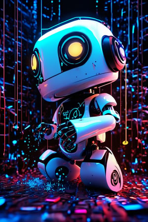 (8k uhd, masterpiece, best quality, high quality, absurdres, ultra-detailed, detailed background), (data moshing:1.5), (science fiction:1.4), (beautiful, aesthetic, perfect, delicate, intricate:1.2), build a robot mascot for Tensor Art by Shunkaha, (cute, smile, his electronic brain is visible), (base color: white, black, light blue), (TA_logo_on_his_chest:1.5), a computer_keyboard is laying on the ground, (a big screen on the background, Tensor Art logo on the screen, graffiti, spray paint can, dripping paint), action pose,dripping paint,neon photography style