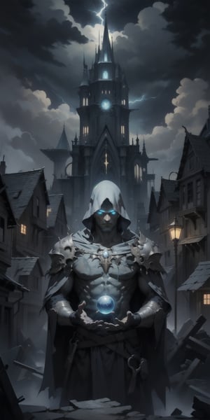 A young mage of Azyr stands on a rooftop in the ruined city of Mordheim, gazing at the stormy night sky. His blue and silver robes shimmer with star-like patterns, and he holds a staff topped with a glowing crystal orb. Lightning crackles around him as he channels the power of the heavens. The crumbling buildings and eerie silence of Mordheim create a stark contrast to the celestial magic he wields. His eyes reflect the knowledge of the stars, and his expression is one of calm determination, ready to harness the power of Azyr to navigate the dangers of the city., perfect hands, (detailed face, detailed skin texture, area lighting, HD, 8k, best illumination, ((full_body)), (medieval backgound), Dark_Mediaval,oil painting