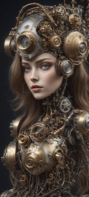 1 girl that combines cyborg and steampunk elements with a touch of psychedelic.,DonMSt34mPXL,figure, gears