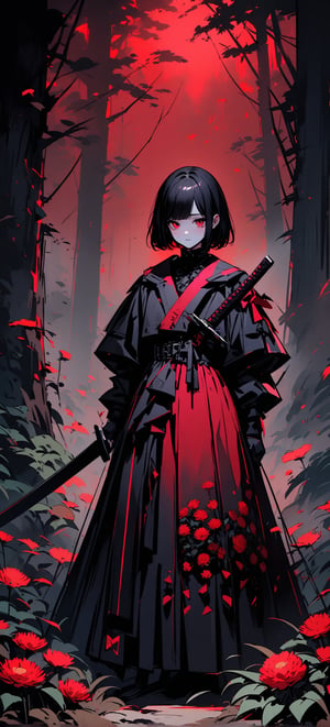 score_9, score_8_up, score_7_up, score_6_up, (ethereal dark fairy tale by Nicola Samori, JC Leyendecker), sad young anime girl, 12yo, white face, standing  in a dark forest, ((holding a bloody katana)), dark red kimono, chrysanthemum floral décoration, dark forest, (dark + gothic, + foreboding background:1.4), more detail XL