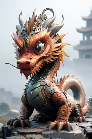 A chinese dragon ,made from gears rusted metal, and glowing parts. The chinese dragon's body is an intricate assembly of interlocking gears and corroded metal plates, giving it a rugged, industrial appearance. Its eyes and certain joints feature glowing, luminescent elements that pulse with an eerie light. The background is a dark, misty landscape with hints of ancient ruins, enhancing the mythical and mechanical nature of this fantastical creature,adding to the steampunk atmosphere.",Mechanical