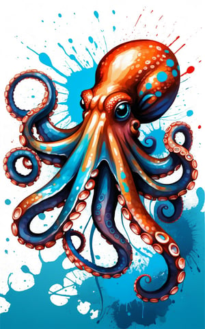 (Artistic bird illustration, high resolution, painted style, colored paint splatters), a [octopus] depicted in a painted style with dynamic and vibrant paint splatters. The main colors are [dark blue] and [turquoise], set against a [white] background. The eyes are [red]. The artwork captures the lively essence of the [Octopus] through the use of bold paint splatters, creating a visually striking and energetic composition.