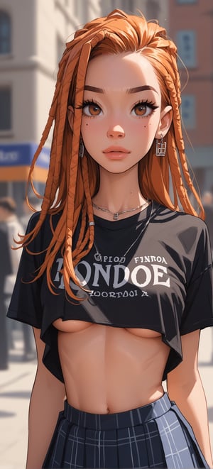 score_9, score_8_up, score_7_up,source_anime,1girl,solo,orange hair,long hair,dreadlocks, ear,hair behind ear,hazel eyes,perfecteyes,mole under eye,eyebrows,under boob fishnet tshirt,black tshirt, pleated skirt, tartan, midriff,sinozick, depth_of_field, London background,