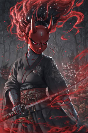 (ethereal dark fairy tale by Nicola Samori, JC Leyendecker), young anime girl fight stance in a dark forest holding sheath of a bloody katana, dark red kimono, chrysanthemum floral décoration, (dark + gothic, + foreboding background:1.4), more detail XL,Oni, Demon,Red Mask,HKWARRIOR